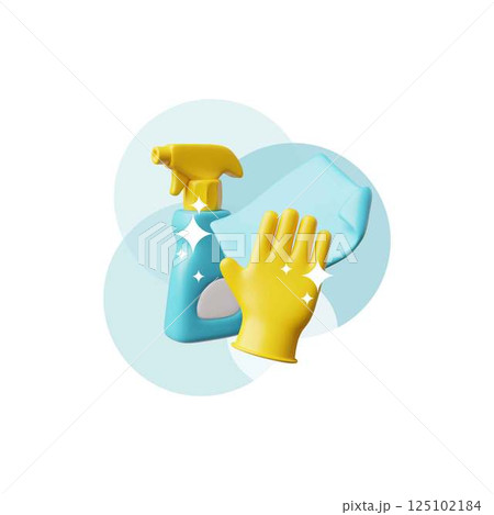 3D home and office cleaning tools, vector shiny collection of housekeeping equipment, detergent spray, gloves and rag 125102184