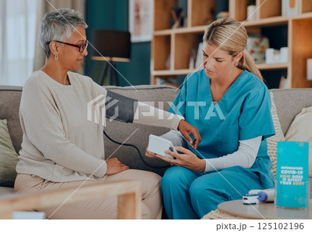 Test, consultation and doctor with a patient for blood pressure exam, healthcare and care in nursing home on the sofa. Medical, support and senior woman with a nursing caregiver with check on health Test, consultation and doctor with a patient for blood pressure exam, healthcare and care in nursing home on the sofa. Medical, support and senior woman with a nursing caregiver with check on health 125102196