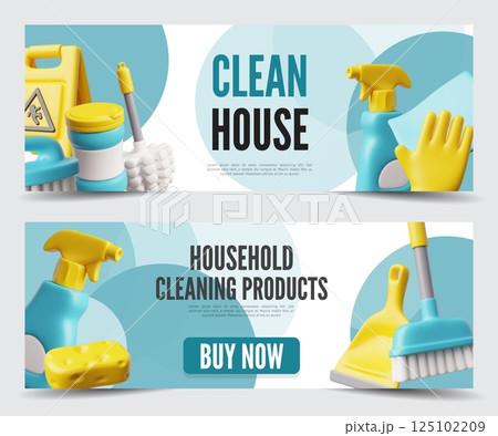 Set of horizontal 3D banners with household cleaning products and equipment. 125102209