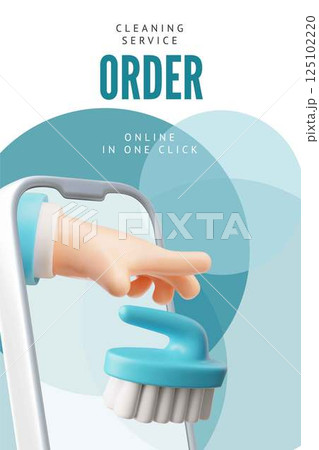 Online cleaning service, order in one click, advertising 3D vector poster, stretches hand with brush from smartphone 125102220