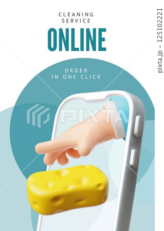 Online cleaning service, order in one click, advertising 3D vector poster, stretches hand with sponge from smartphone 125102221