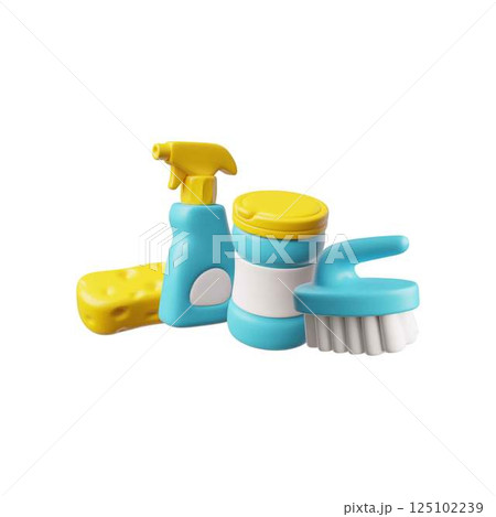 3D home and office cleaning tools, vector render collection of housekeeping equipment, detergent, sponge spray and brush 3D home and office cleaning tools, vector render collection of housekeeping equipment, detergent, sponge spray and brush 125102239
