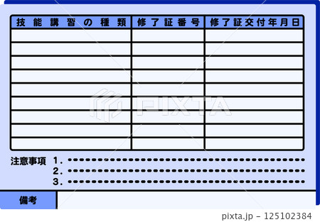 フォークリフトなどの技能講習終了証の裏面 フォークリフトなどの技能講習終了証の裏面 125102384