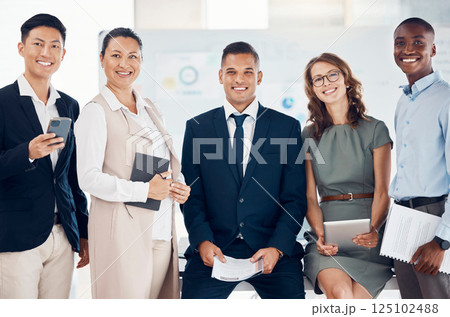 Portrait, marketing and advertising team, happy and smile for teamwork, support and collaboration for company growth. Diversity, community and corporate employee group with trust for business target 125102488
