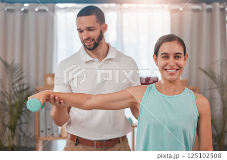 Physiotherapist, woman in physiotherapy and shoulder rehabilitation sports injury, wellness training and physical therapy workout. Muscle pain, healthcare clinic and dumbell strength weight exercise 125102508