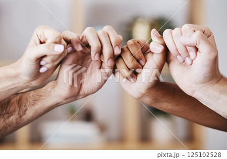 Hands, teamwork and support with a man and woman group holding fingers or thumbs in solidarity. Trust, community and help with a male and female team holding hands together in partnership or care 125102528