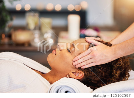 Head massage, woman and relax at spa, facial wellness and luxury zen therapy, reiki and cosmetics skincare. Calm female face, forehead and cosmetology for peace, detox and dermatology at beauty salon 125102597