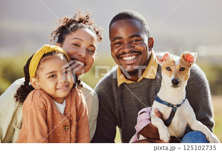 Family, children and dog with a girl, mother and father in the park with their pet canine on a summer day. Portrait, love and puppy with a man, woman and daughter outdoor with their animal companion 125102735