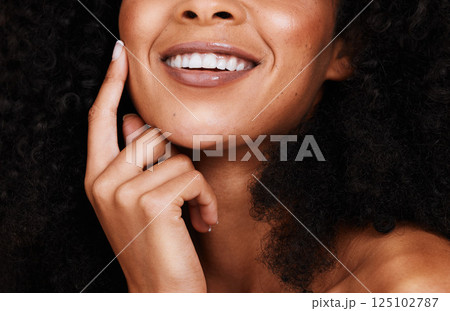 Black woman, smile and touch face with natural beauty, pride and confident with curly hair. Cosmetics, African American female and young lady with skincare, happy and organic facial with smooth skin Black woman, smile and touch face with natural beauty, pride and confident with curly hair. Cosmetics, African American female and young lady with skincare, happy and organic facial with smooth skin 125102787