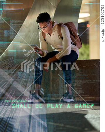 Overlay, phone and cybersecurity hacker in a city coding, networking or searching content on social media at night. Future, hologram and gen z black man typing crypto data online on an ai digital app 125102793