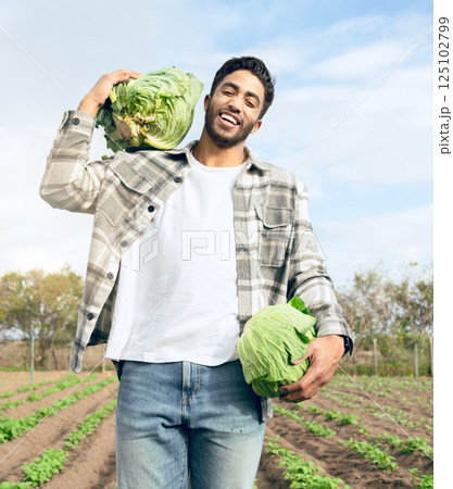 Agriculture worker, lettuce and farm, sustainability working and organic food, happy smile and outdoor nature. Man farmer, smile and pride with vegetable growth or harvest from sustainable farming 125102799