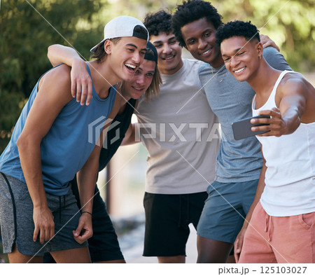 Selfie, sports and friends group with smartphone for fitness teamwork, collaboration and social media networking update in park court. Athlete, training and people or men in cellphone photography app 125103027