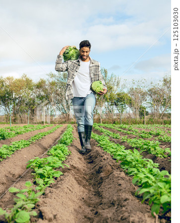Farmer, vegetables farm and agriculture sustainability for healthy food. Nature, plant growth and eco friendly worker with smile for carbon capture farming and gardening plants or nutrition wellness 125103030