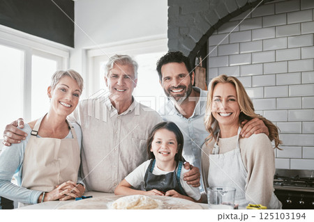Cooking, help and portrait of big family in kitchen for happy, learning and food together. Support, smile and chef with parents teaching child baking skills with grandparents at home for cake dessert 125103194