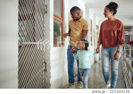 Black family, animal shelter and planning adoption with mother, father and child walking together inside vet building for charity or volunteer work. Man, woman and girl together at pet ngo center Black family, animal shelter and planning adoption with mother, father and child walking together inside vet building for charity or volunteer work. Man, woman and girl together at pet ngo center 125103216