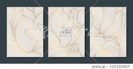 Vector set of floral gold line wavy covers, japanese luxury leaves and flowers ornament. Asian style spring background, greeting pattern. Vector set of floral gold line wavy covers, japanese luxury leaves and flowers ornament. Asian style spring background, greeting pattern. 125103407