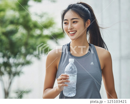 笑顔で水分補給をするスポーツウェアの若い女性 125103421
