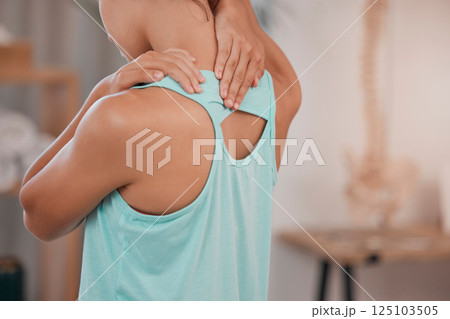 Neck, physiotherapy and woman stretching for rehabilitation, fitness and health with back pain. Massage, wellness and athlete girl at physical therapy after an accident to her spine with scoliosis Neck, physiotherapy and woman stretching for rehabilitation, fitness and health with back pain. Massage, wellness and athlete girl at physical therapy after an accident to her spine with scoliosis 125103505