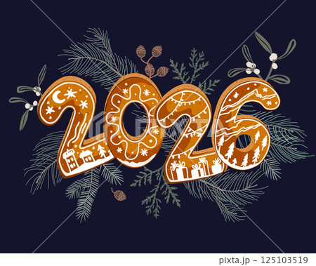 Festive Happy 2026 New Year gingerbread cookies with icing on floral branches wreath. Isolated vector illustration. Festive Happy 2026 New Year gingerbread cookies with icing on floral branches wreath. Isolated vector illustration. 125103519