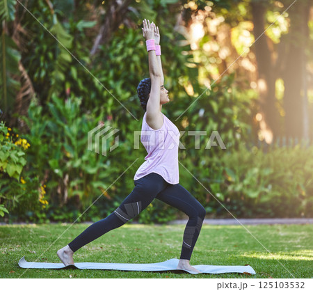 Woman, zen and yoga meditation stretching in nature park outdoors for mental health, fitness and balance exercise. Young athlete, healthy lifestyle motivation and relax spiritual freedom performance 125103532