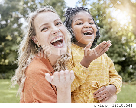 Adoption, mother and girl outdoor, smile or happy being loving, bonding or happy together. Portrait, adopted child or black girl with foster mother, happiness or love for care, relax and quality time 125103541