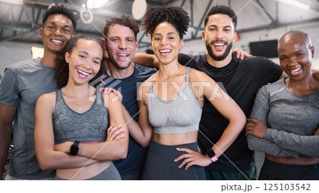 Fitness, health and gym portrait of friends together for wellness, workout and exercise lifestyle. Commitment, happy and interracial friendship with healthy cardio people excited in gymnasium. Fitness, health and gym portrait of friends together for wellness, workout and exercise lifestyle. Commitment, happy and interracial friendship with healthy cardio people excited in gymnasium. 125103542