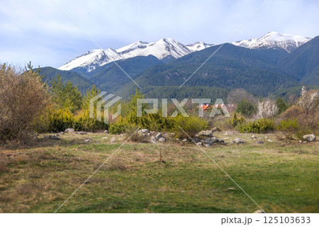 Bansko, Bulgaria spring woods and Pirin panorama Bansko, Bulgaria spring woods and Pirin panorama 125103633