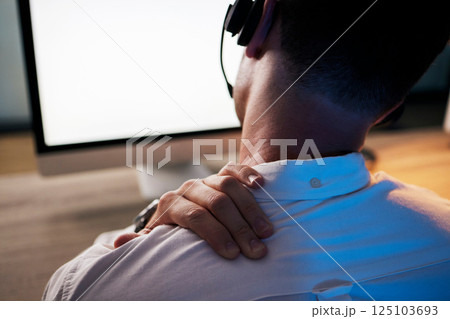 Stress, call center and telemarketing employee with back pain injury networking, communication or talking. Contact us, crm and tired salesman with joint pain, fatigue and burnout at customer services 125103693