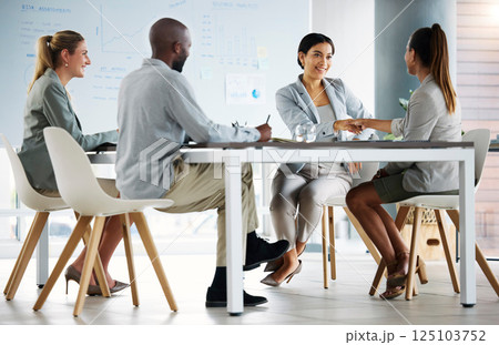 Handshake, marketing and business people meeting for a partnership, welcome and support in corporate. Teamwork, thank you and employees shaking hands for a collaboration and onboarding at the company 125103752