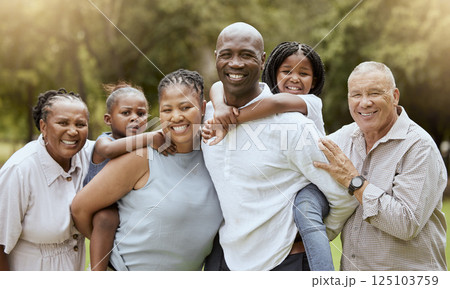 Black family, portrait or bonding in nature park, sustainability environment or countryside garden field in fun summer break. Smile, happy children or kids with mother, father and senior grandparents Black family, portrait or bonding in nature park, sustainability environment or countryside garden field in fun summer break. Smile, happy children or kids with mother, father and senior grandparents 125103759