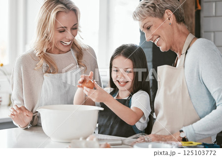 Family, baking and child helping mother and grandmother with cooking with an egg in bowl for future as chef or baker. Woman, senior woman and girl learning to make cake, food or breakfast in kitchen Family, baking and child helping mother and grandmother with cooking with an egg in bowl for future as chef or baker. Woman, senior woman and girl learning to make cake, food or breakfast in kitchen 125103772