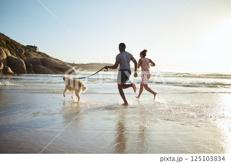Exercise, couple and dog at the beach for running, training and fitness, cardio and mockup space. Family, wellness and pet workout at sunrise, ocean and water run while bonding with their labrador 125103834