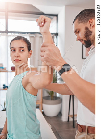 Physiotherapy, stretching and woman with a physiotherapist for rehabilitation, healthcare and muscle performance. Physical therapy, training and patient with a man for a consultation on health 125103883