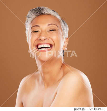 Senior, woman and beauty smile portrait for skincare, skin wellness and happy cosmetic facial glow. Smile, laughing and happiness of elderly face treatment of a model proud of wrinkles and body Senior, woman and beauty smile portrait for skincare, skin wellness and happy cosmetic facial glow. Smile, laughing and happiness of elderly face treatment of a model proud of wrinkles and body 125103906