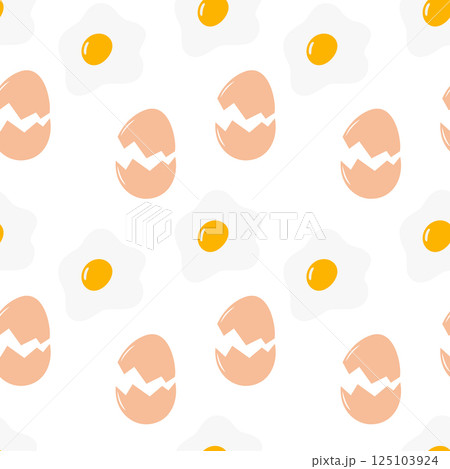 Fried eggs with yolk and Cracked Beige Eggshell Seamless pattern Culinary food card Backdrop design 125103924