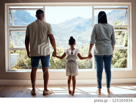 Family, child or girl by window in new house, home or apartment with mortgage loan, finance security or future investment property. Mother, father and kid as real estate homeowner with mountains view 125103934