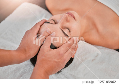 Woman, hands and head massage in relax spa for healthcare wellness, self care or stress management. Massage therapist, man or masseur with luxury beauty salon client for skincare facial or zen break 125103962