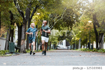 Fitness, friends and senior men running in road of city for health, wellness and body care. Exercise, training and elderly males run together enjoy being active, workout and exercising in retirement 125103981