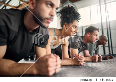 Teamwork, plank exercise or diversity gym for collaboration, motivation or wellness training, workout or fitness. Friends, team or athlete in studio on floor for health, cardio or sport muscle goal 125104003