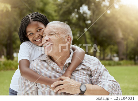 Mature man, love and hug child in nature with grandchild and grandfather with being loving, caring with affection outside. Old man, little girl and family embrace for love and care in natural park Mature man, love and hug child in nature with grandchild and grandfather with being loving, caring with affection outside. Old man, little girl and family embrace for love and care in natural park 125104031