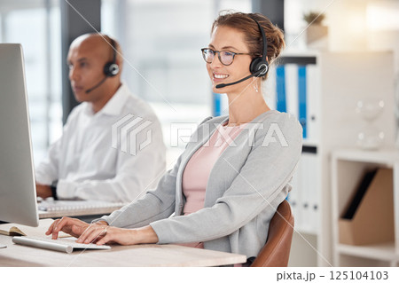 Call center, contact us and worker with a computer for support, help and consulting on the internet. Telemarketing, happy and mature customer service agent typing an email for technical support Call center, contact us and worker with a computer for support, help and consulting on the internet. Telemarketing, happy and mature customer service agent typing an email for technical support 125104103
