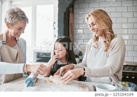 Mom, grandmother and kid baking with flour dough at kitchen counter, family home and house for love, teaching and learning together. Girl kid helping mother and grandparent making cookies for dessert Mom, grandmother and kid baking with flour dough at kitchen counter, family home and house for love, teaching and learning together. Girl kid helping mother and grandparent making cookies for dessert 125104104