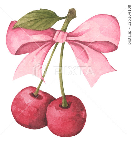 Coquette Cherry Bow. Watercolor illustration for Feminine Design and Aesthetic Decor 125104109