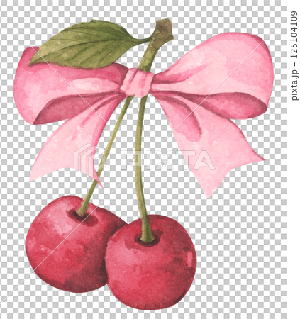 Coquette Cherry Bow. Watercolor illustration for Feminine Design and Aesthetic Decor 125104109