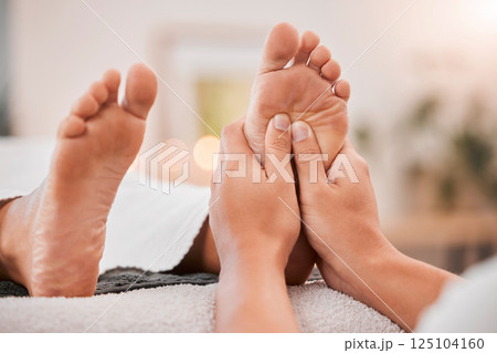 Foot massage, reflexology and podiatrist at luxury spa for woman feet stress relief, muscle relax treatment and wellness physiotherapy. Zen pedicure, self love chakra and self care spiritual healing 125104160
