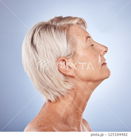 Senior woman, profile and facial skincare for natural beauty or luxury cosmetics makeup. Elderly model, face dermatology wellness and healthy body lifestyle or collagen therapy in grey background. 125104482