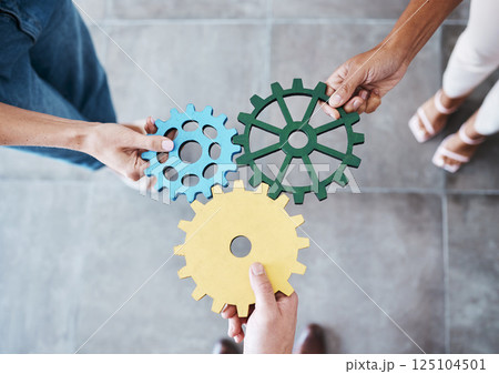 Settings, gear icon and teamwork with business people or team together for collaboration and synergy with cog wheel strategy. Office group hands for problem solving, innovation and development 125104501