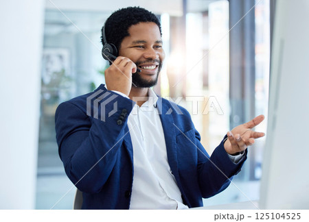 Call center, customer service and communication with a business black man talking using a headset in his office. Marketing, contact and networking with a male employee working in sales or retail 125104525