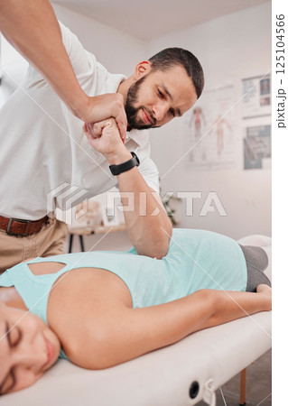 Woman with chiropractor, physiotherapy and a spine massage back pain relief, spinal alignment and lower back pain. Physical therapy clinic, physiotherapist and physio help medical injury or scoliosis Woman with chiropractor, physiotherapy and a spine massage back pain relief, spinal alignment and lower back pain. Physical therapy clinic, physiotherapist and physio help medical injury or scoliosis 125104566