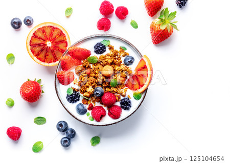 Granola with yogurt and fresh fruit. Organic gourmet muesli with ingredients Granola with yogurt and fresh fruit. Organic gourmet muesli with ingredients 125104654